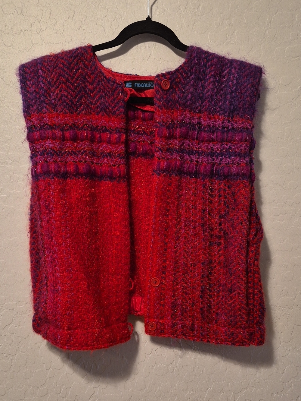 Vintage Fiberwork Handwoven Art To Wear Vest Red Purple Knit Boho Button Front